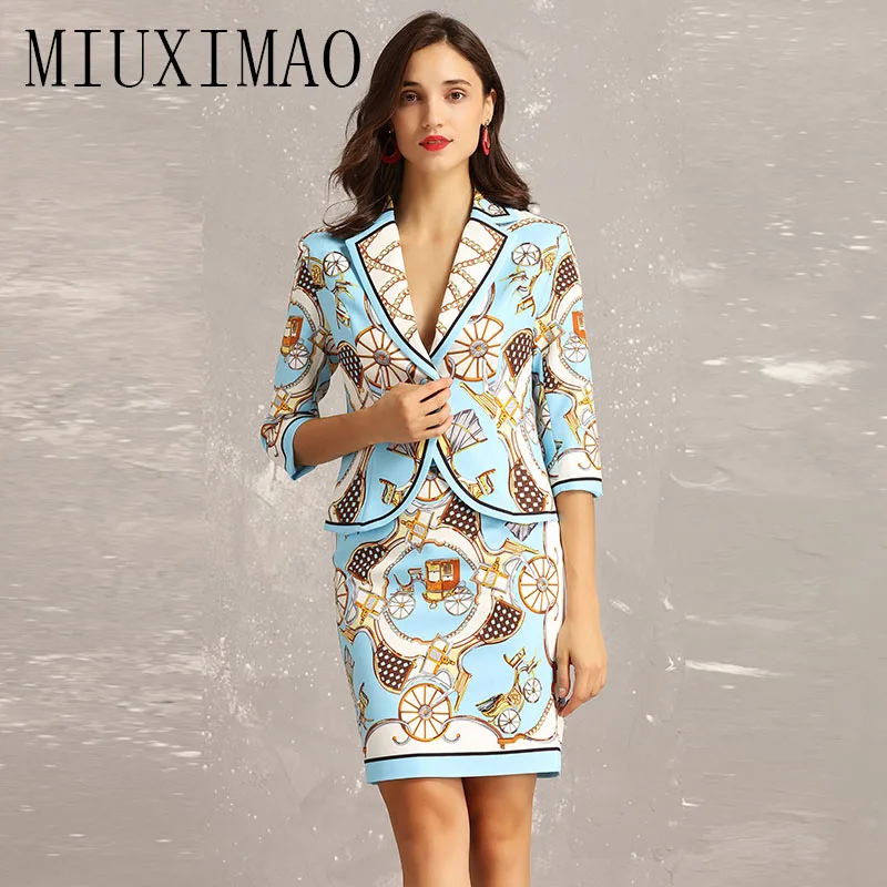 

High Quality 2018 Autumn Newest Casual Notched A-Line Half Sleeve Silm Button and Print Knee-Length Europe Two-Piece Dress Women