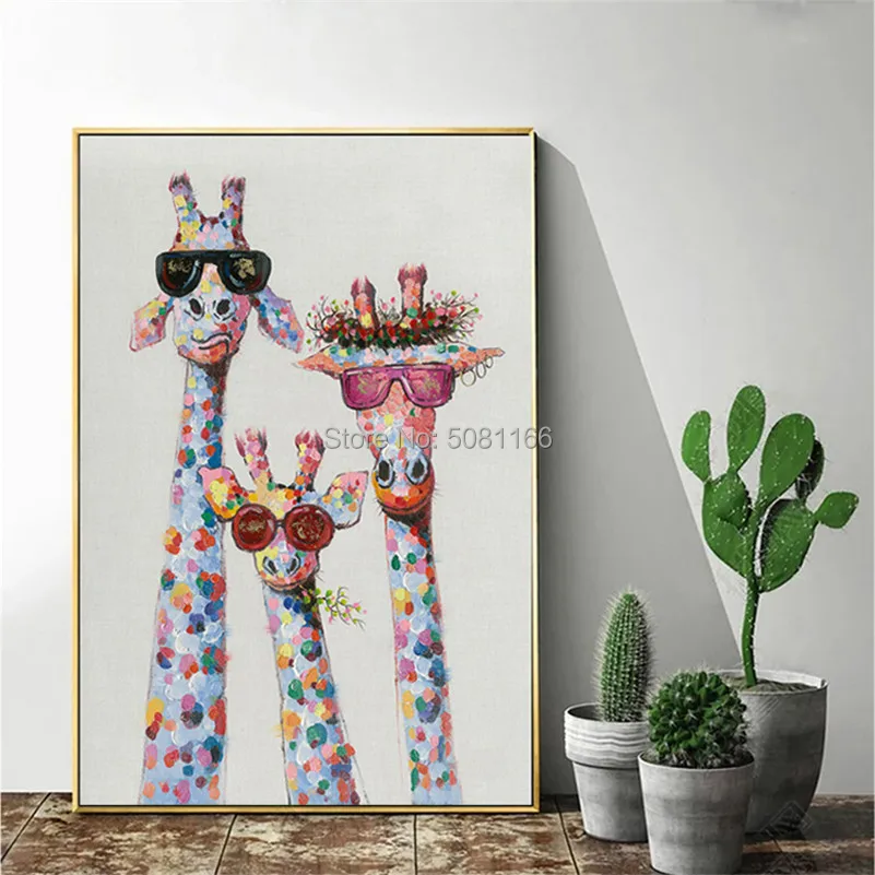 

Handmade Home Decor Wall art Painting Art funny Animal portrait Picture Hand painted cool Giraffe family Oil Paintings on Canvas