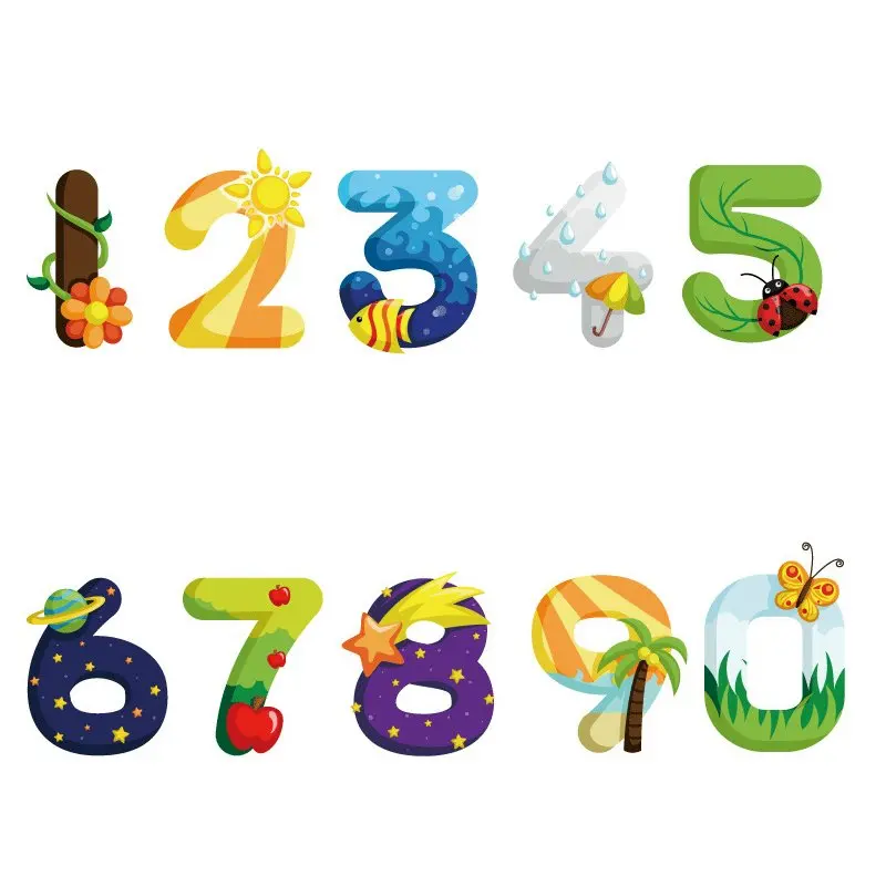 1 مجموعة ديكور المنزل الكرتون نمط أرقام الرقمية PVC جدار ملصقا الأطفال غرفة نوم ستار زهرة الأسماك الأطفال غرفة ديكور ETQT0011