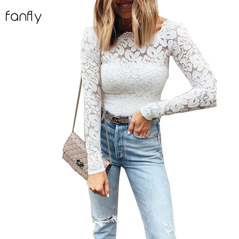 

2019 Lace T-shirt Women Autumn Long Sleeve Shirt Elegant Tee Shirt Femme Office White Tshirt Womens Clothing SJ3248F