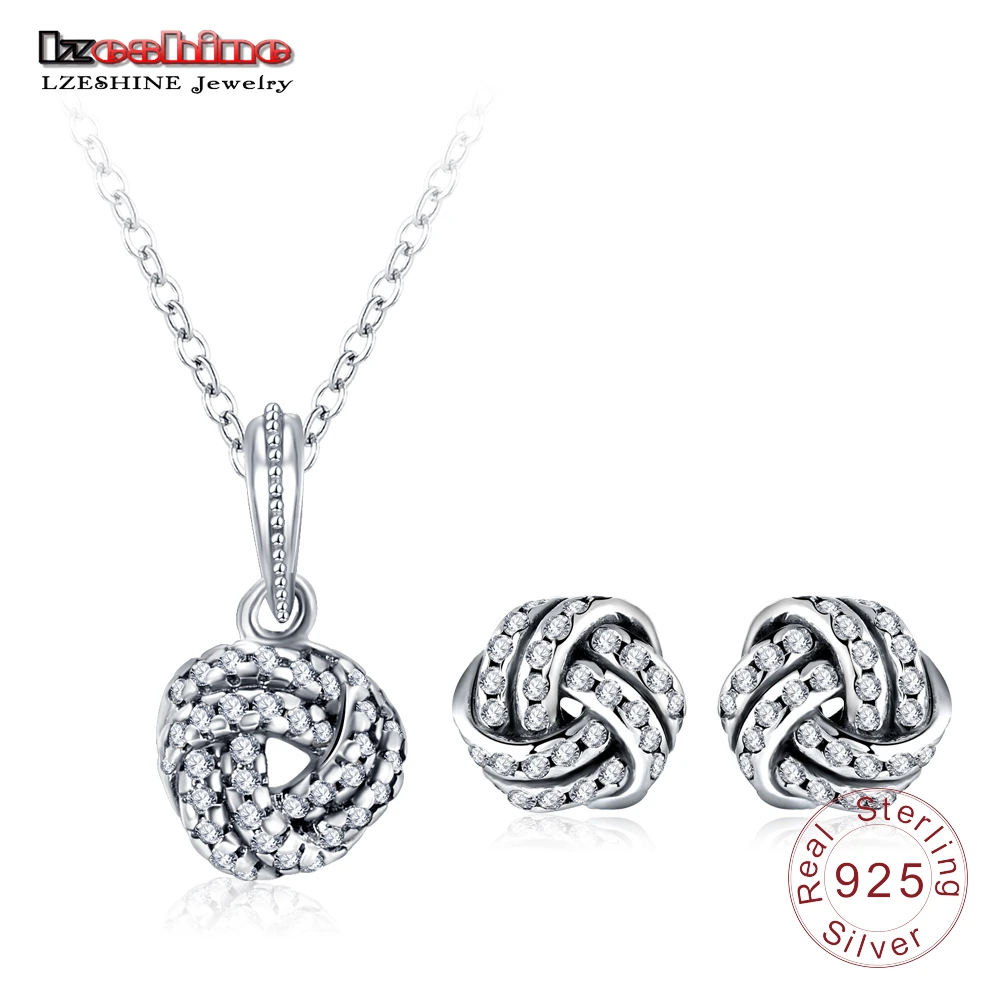 

LZESHINE 925 Sterling Silver 2PC Jewelry Set For Women Knot Stud Earrings/Pendant With AAA CZ Stone Ladies' Prom Jewelry Gift