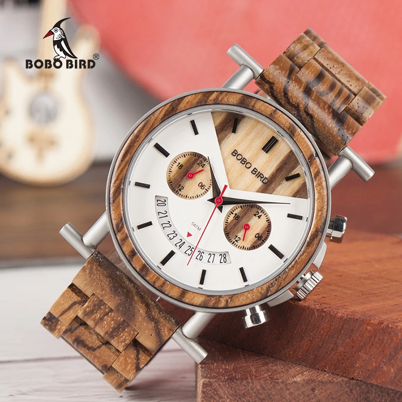 BOBO BIRD Men Wooden Watch Wood Quartz Saat erkek Wristwatches Male Stopwatch Japanese movement Show Date Gift 2 time zone