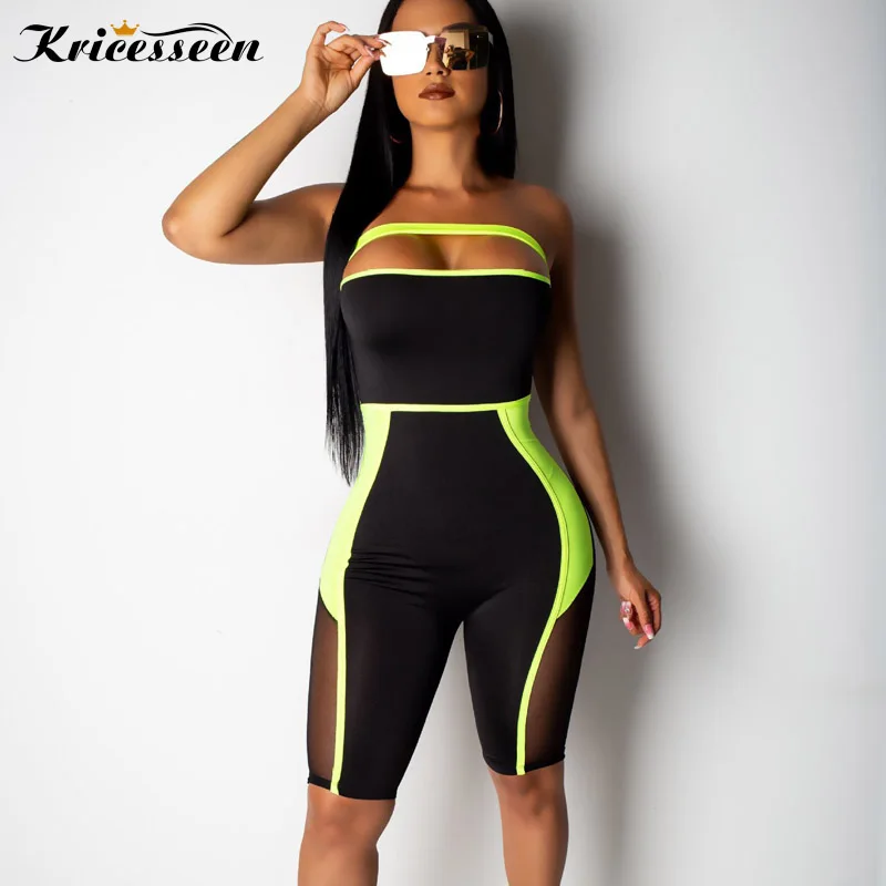 

Kricesseen Sexy Pierced See Through Net Yarn Romper Women Neon Green Mesh Splice Cut Out Playsuit One Piece Skinny Jumpsuit