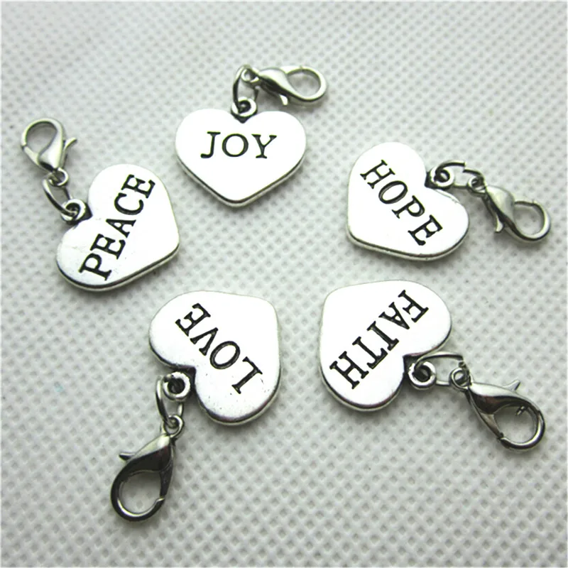 

50pcs/lot MIX Love Hope Faith Joy Peace Heart Charms Dangle Lobster Clasp Charms Diy Bracelets Jewelry Accessory Floating Charms