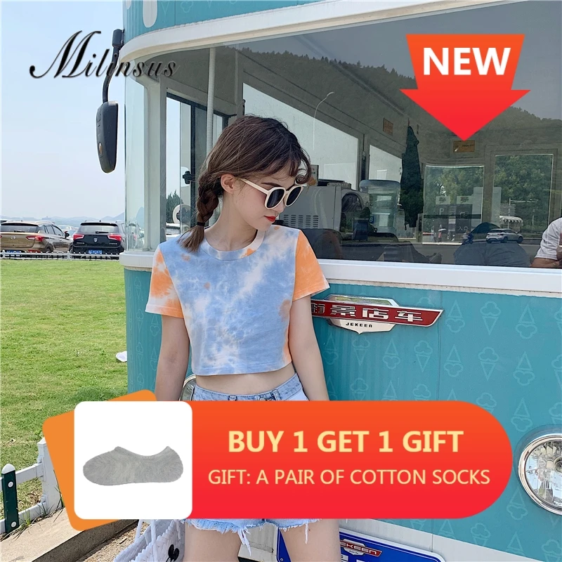 

2019 Women New Fashion Summer Waist Gradient Splash Tie Dyed Cotton Cute Short Sleeve T-shirt Crop Top Ulzzang Womens Clothing
