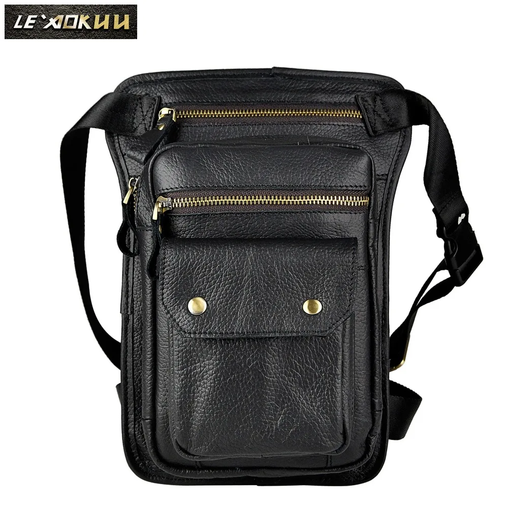 

Genuine Leather Men Design Casual 8" Tablet Black Shoulder Sling Bag Multifunction Fashion Travel Waist Belt Leg Bag Male 838b