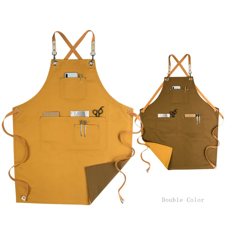  Double Sides Apron Genuine Leather Belt Cotton Barber Kitchen Chef Apron With Pocket Two Colour Wor - 32990828168