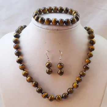 

Free shipping 10mm Tiger Eye Gem Round Beads Necklace Bracelet Earring set Quartz stone Crystal Women
