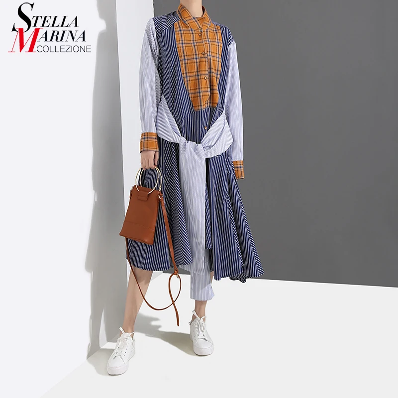 2019 Korean Style Women Spring Blue Striped Patchwork Shirt Dress Sashes Long Sleeve A-Line Female Casual Robe Femme 4653 | Женская
