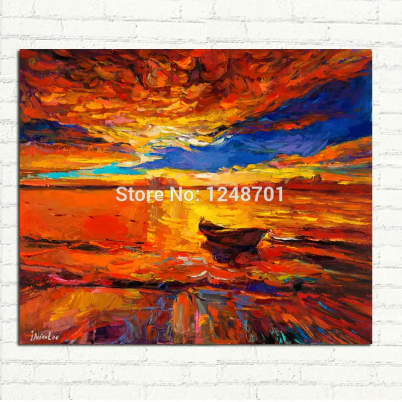 

Handpainted modern fire red Sunset glow oil painting scenery wall for home living room wall decoration