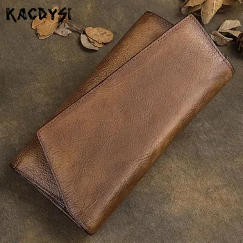 

Real Leather Handmade Vintage Men Large Wallet Trifold Brush Color Card Case Retro Long Wallets Phone Holder Ladies Clutch Purse