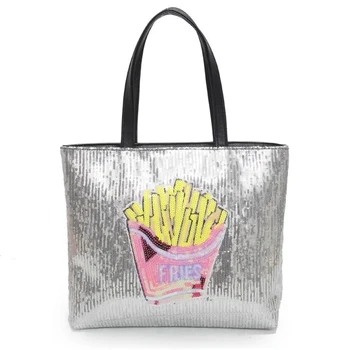 

New arrival fashion sequins design french fries pattern pu leather casual female totes handbag shopping bag purse 2 colors