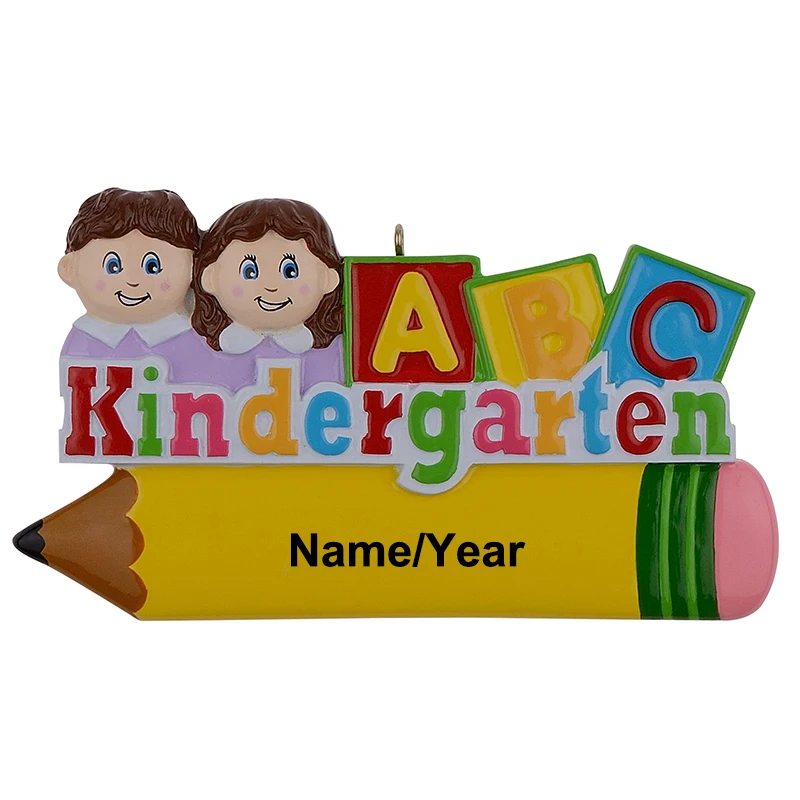 Smile kindergarten children polyresin glossy personalized Christmas tree ornament with yellow pencil and a b c alphabet