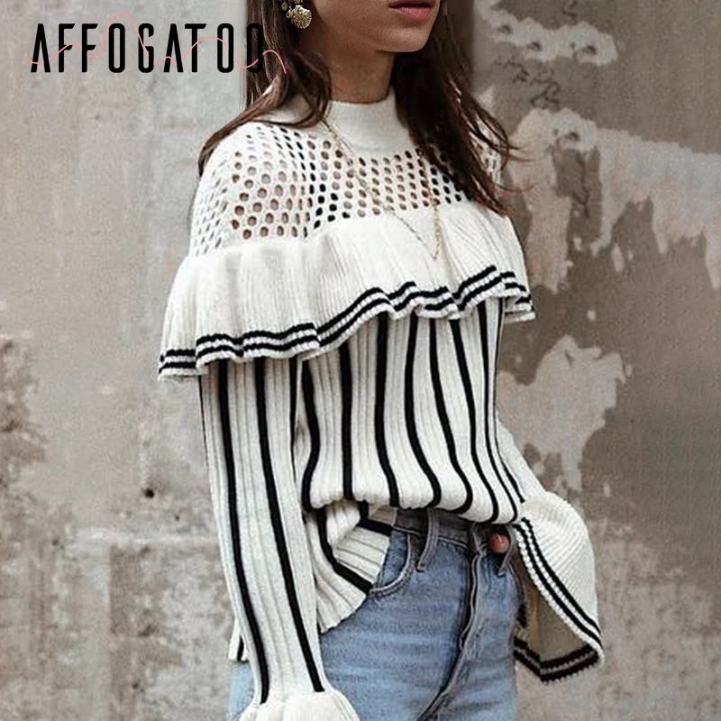 Affogatoo Elegant o neck knitting striped sweater women Hollow out ruffled jumper 2018 Winter flounce sleeve casual pullover Sweaters
