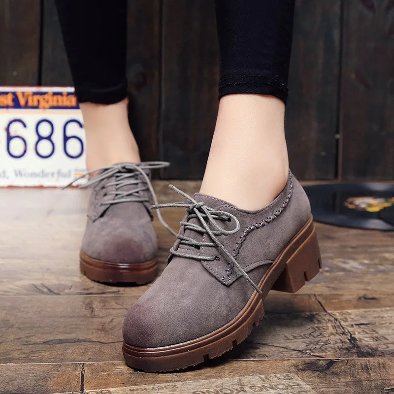 

Autumn Spring Women All-match Shoes Nubuck Leather Embroidered Woman Flats Brush Color Calzado Mujer Retro Thick Soled Lace Up
