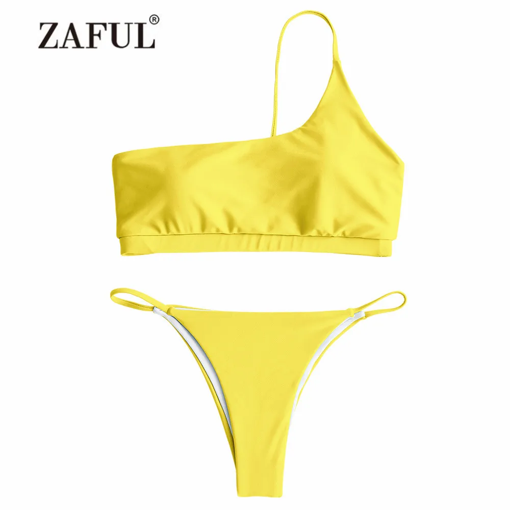 

ZAFUL Swimsuit One Shoulder Padded Bikini Set Sexy Low Waisted Womne's Swimwear Summer Beach Yellow Brazilian Swimming Suit