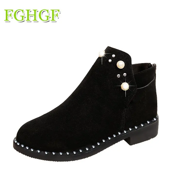 

Black Gray Women Boots Suede Leather Ankle Boots for Women Fashion Round Toe Low Thick Heel Ladies Shoes with Pearls
