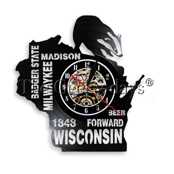 

1Piece Badger State Wall Art Milwaykee Madison Beer Forward Wisconsin Vinyl Record Clock LED Lighting Man Cave Bar Wall Clock