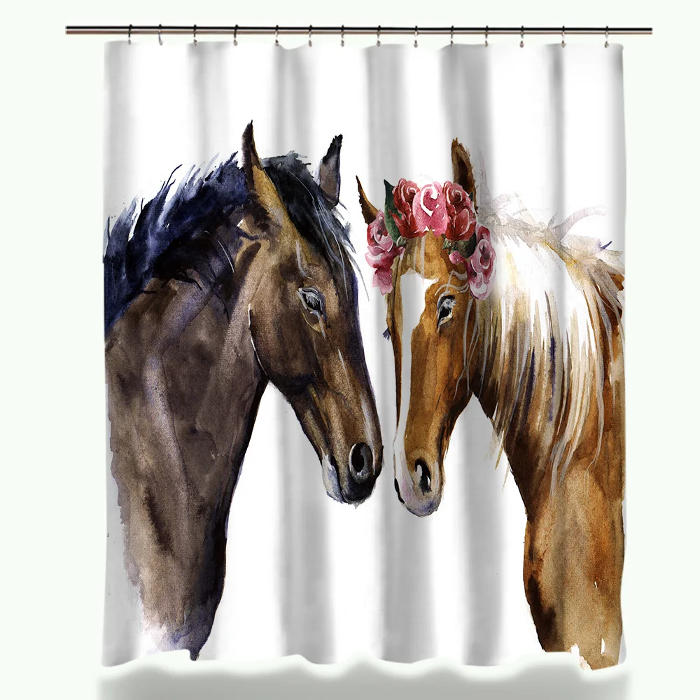 

Creative Horses Pattern Shower Curtain Sets Bedroom Waterproof Fabric Coral Velvet Anti-slip Bath Mat With 12 Hooks