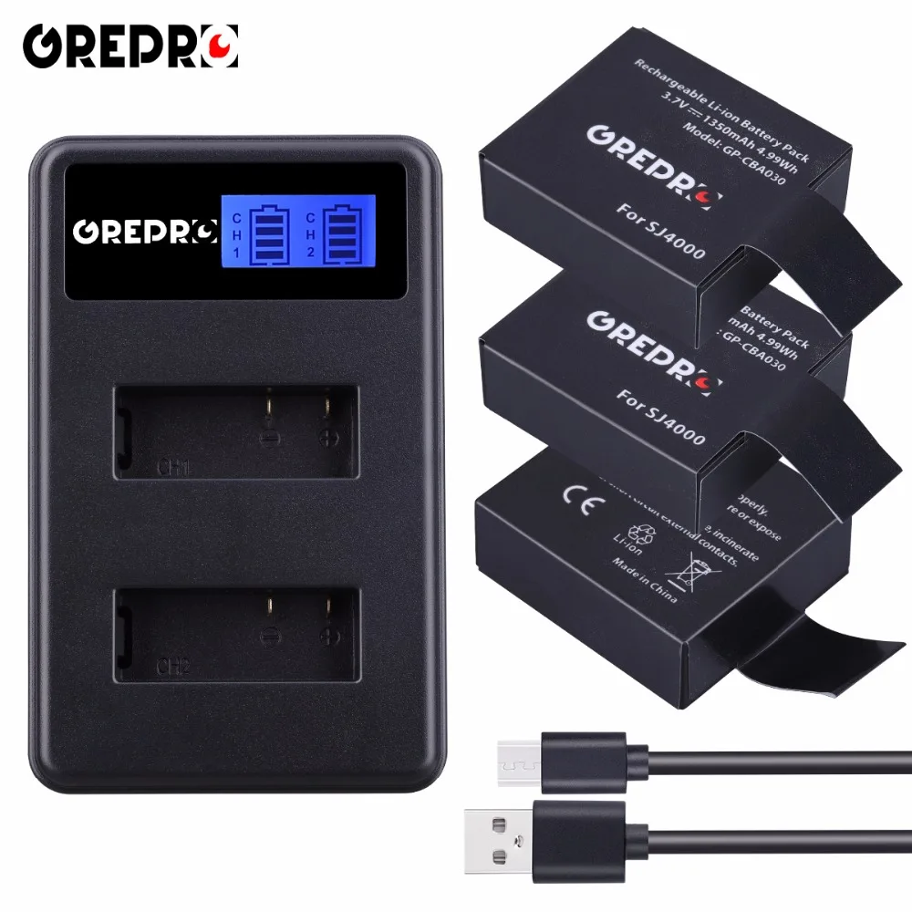 3pcs SJ4000 1350mAh Sjcam Battery LCD Dual USB Charger for SJCAM Sj 4000 SJ5000 Sj5000x SJ6000