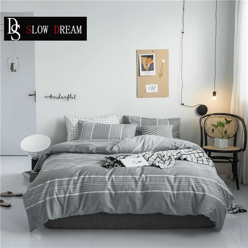 

SLOWDREAM 2019 Hot Sale Fashion Stripe Bedding Set Double Blue Cover Set Flat Sheet Pillowcase Decor Bed Set Home Textiles