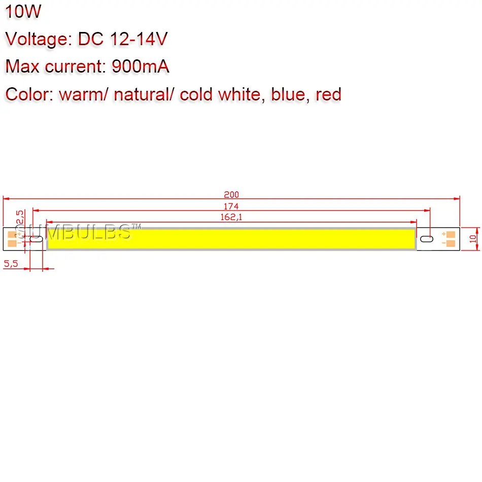 100 шт. 200*10 мм COB светодиодная полоса освещения 7.87in 12V 10W Светодиодная лампа красный