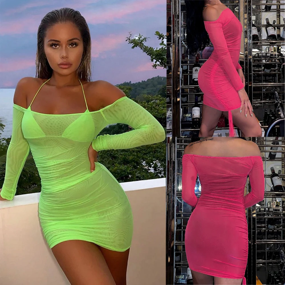 

Women Cover Up Dress Off Shoulder Mesh Patchwork See Through Sexy Outfit Summer Swimwear