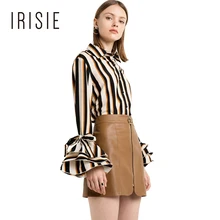 IRISIE Apparel Flare Sleeve Sweet Stripe Blouse Shirt Slim Casual Frill Female Top Shirt Tie Cuff Ruffle Spring Women Blouse