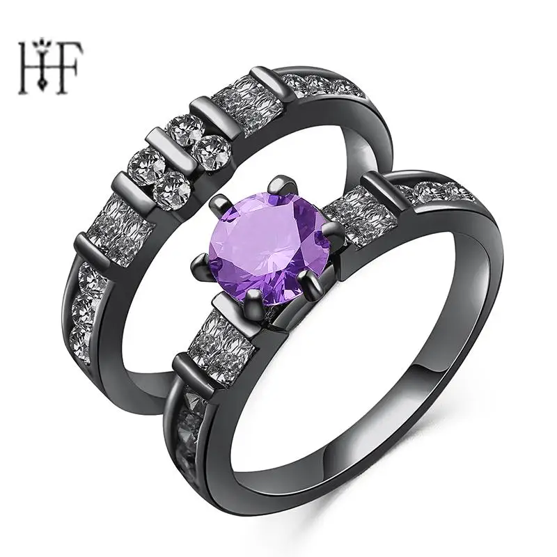 

4 Types Ring Set Purple Stone wedding Rings for women with AAA Cubic Zirconia Gun Black color engagement rings female anel