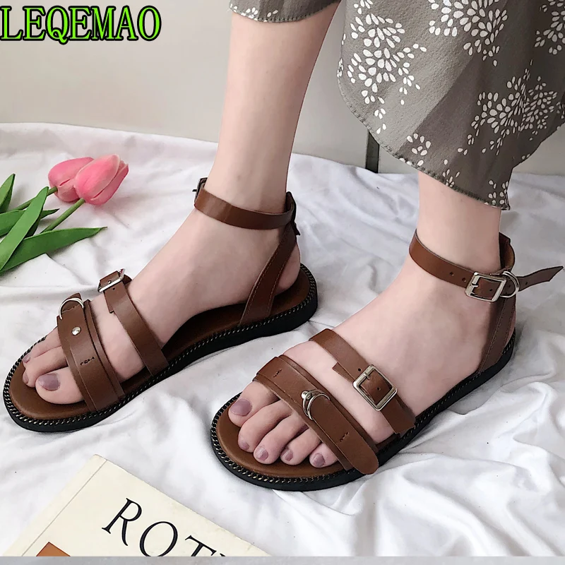 

2019 summer women's Flat-bottomed pedal sandals feminina belt buckle shoes female comfort Roman sandals size 35-39