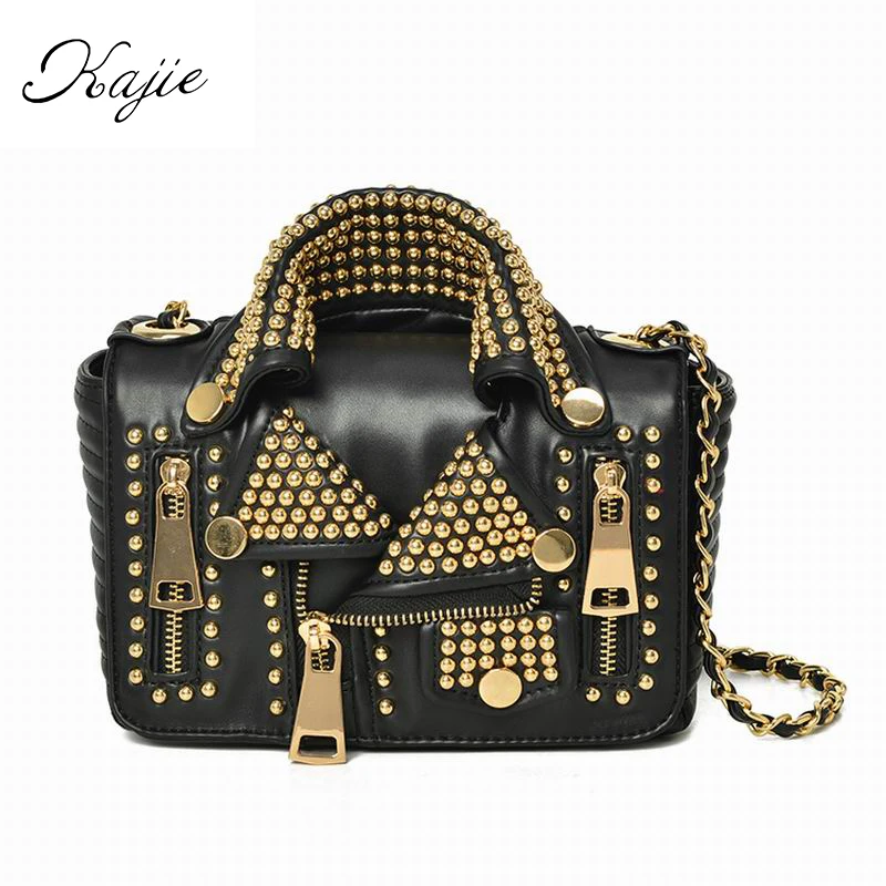 

Kajie Designers 2018 Women Bags Leather Handicraft Rivet Jacket Punk Style Messenger Bags Shoulder Crossbody Bag Gold Silver