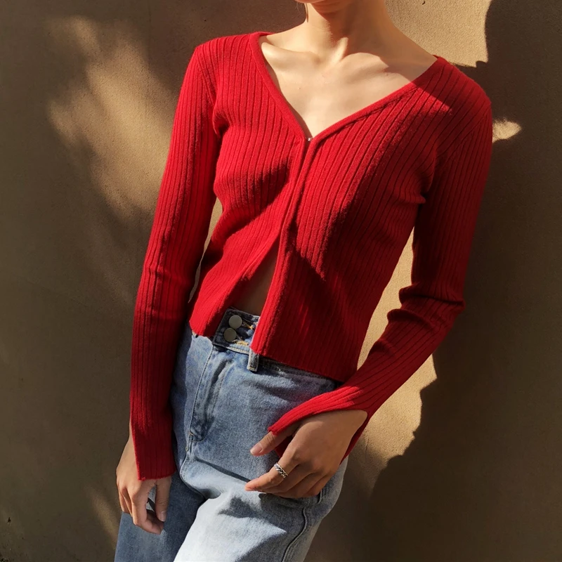 Skup Czarny sweter dziergany kobiety V Neck Sexy śliczne dzianiny sweter w stylu crop kobiety Cardigans koreański styl Streetwear odzież 2019