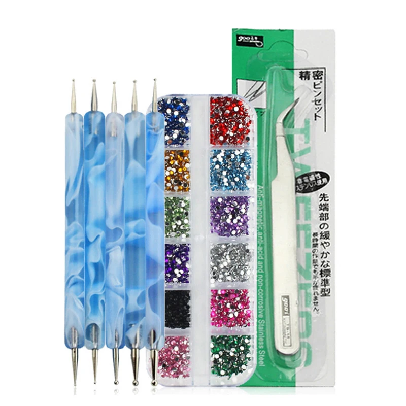 5Pcs Nail Art Paint Dotting Pens + 3000 Rhinestone Gems+Picking Tweezer