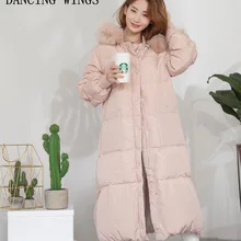 Зимняя Толстая теплая куртка-пуховик из 90% белого утиного пуха с воротником из натурального меха енота, женское длинное пальто, парки белого и розового цветов