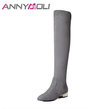 ANNYMOLI/женские ботфорты зимняя обувь на низком каблуке новые высокие сапоги до бедра серые высокие ботинки на толстом каблуке Осенние Размеры 3-10,5 10