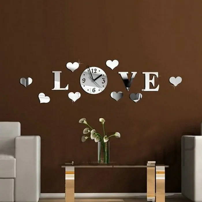 Mirror Wall Clock Large 3D Acrylic Mirror Heart Pattern Wall Clocks