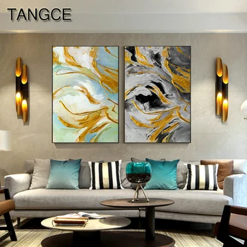 Günstige Abstrakte Fließende Goldene Leinwand Malerei Moderne Tableau Poster Drucken Big Wall Art Für Wohnzimmer Eingang Bild Cuadros Salon