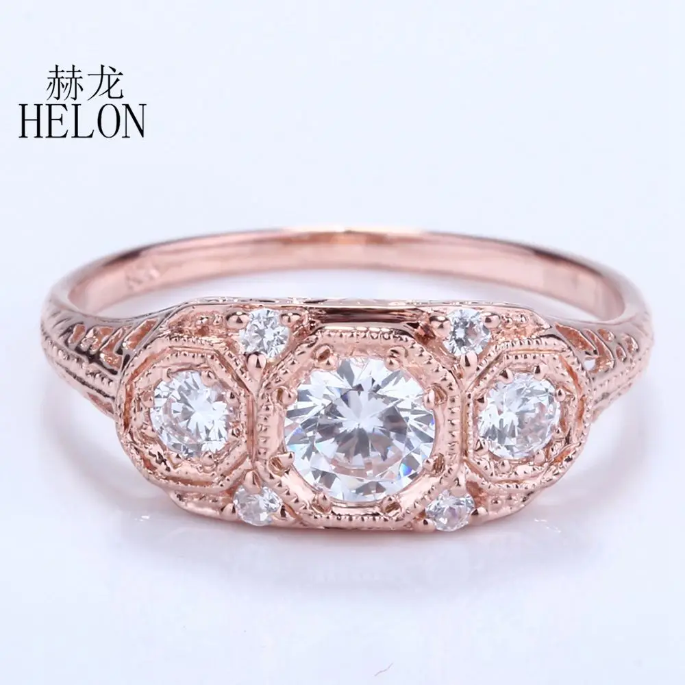 

HELON Solid 14k Rose Gold Flawless Round Three Stone Fine Women's AAA Graded Cubic Zircon Engagement Wedding Trendy Jewelry Ring