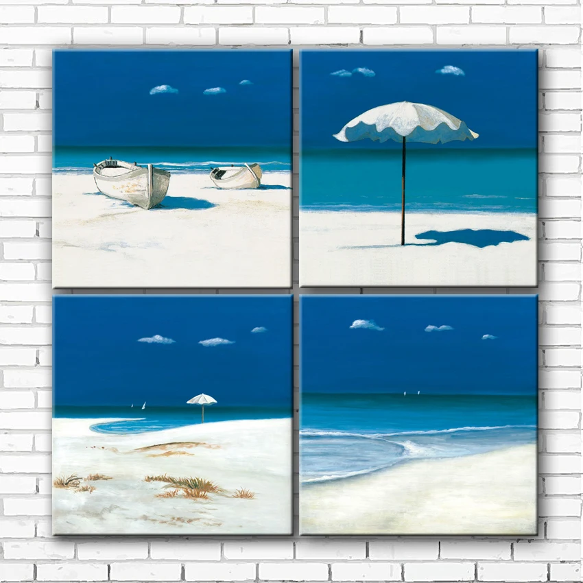 Mediterranean Blue Sea Beach Umbrella Boat Canvas Printings Oil Mediterranean Blue Sea Beach Umbrella