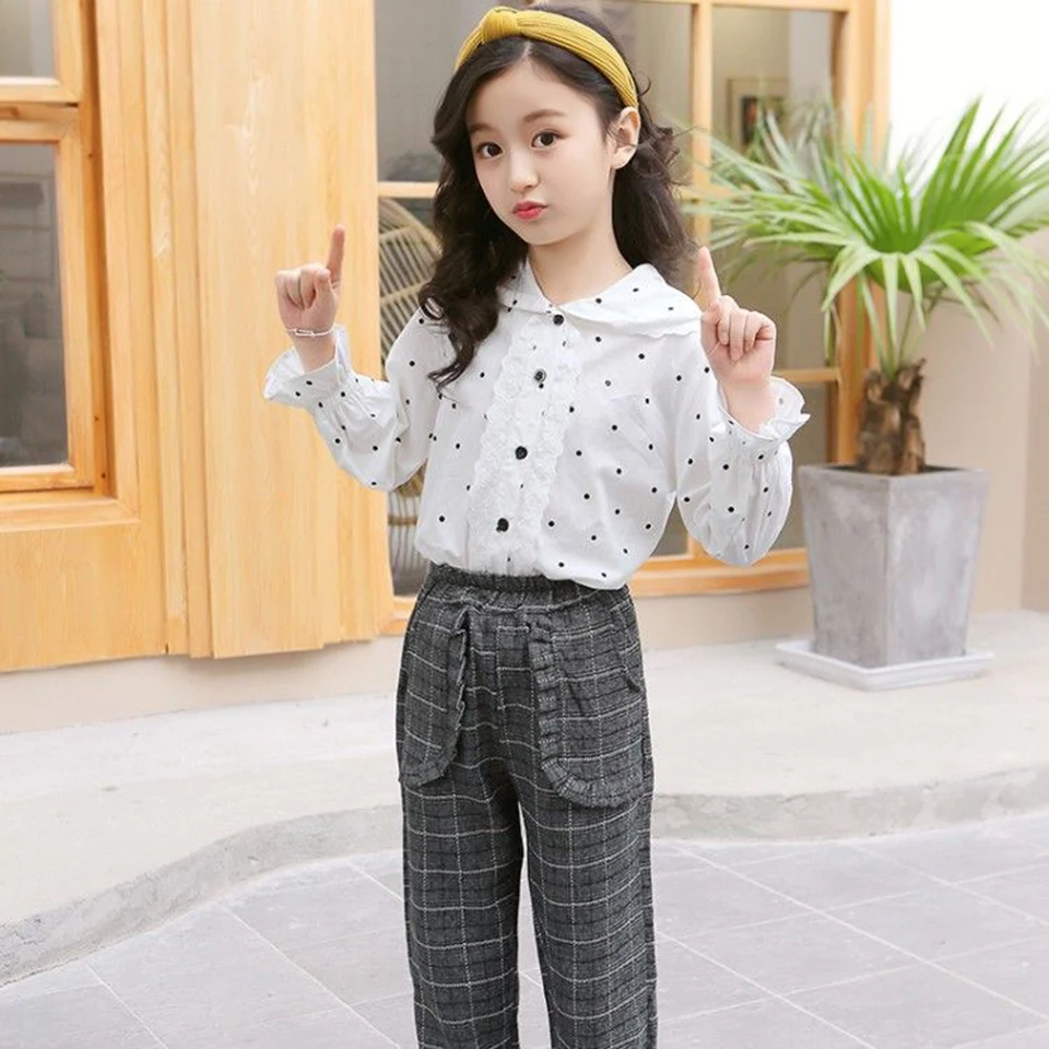  2 Pieces Kid Casual Girls Long Sleeve Turn-down Collar T shirt Top and Plaid Pants Set For Autumn T