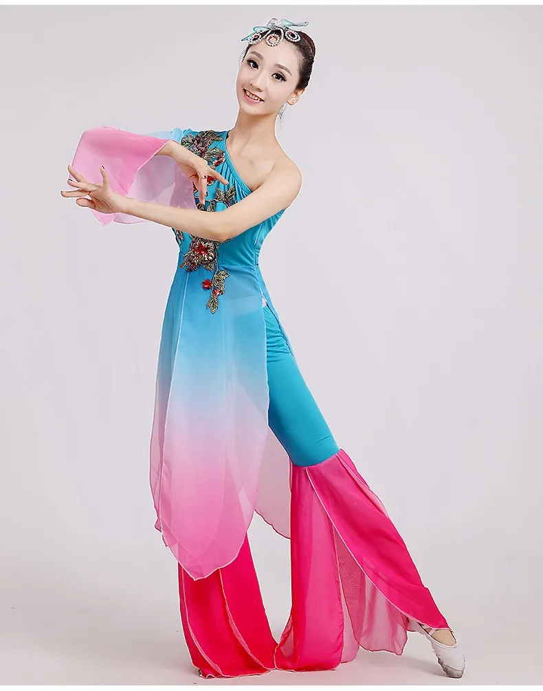 New women Embroidery long sleeves classical dance costumes Lotus water sleeves ink flower fairy Chinese folk dance clothing