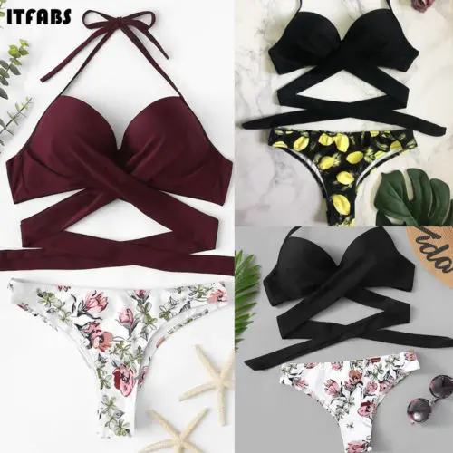 

2019 Sexy Women Bikinis Set push-up thickening bra tights bikini split beachwear without silk Top Floral Bottom Bathing Suit