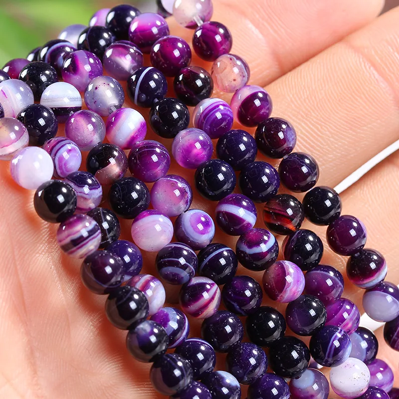 

LNRRABC 4MM 6MM 8MM 10MM 12MM Natural Purple Striped Stones Round Spacer Loose Beads For Necklace Bracelet Charms Jewelry