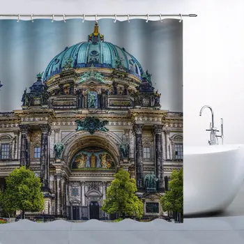 

Church Shower Curtain Set Blue Dome Building Green Trees Waterproof Polyester Bath Curtain Floor Mat