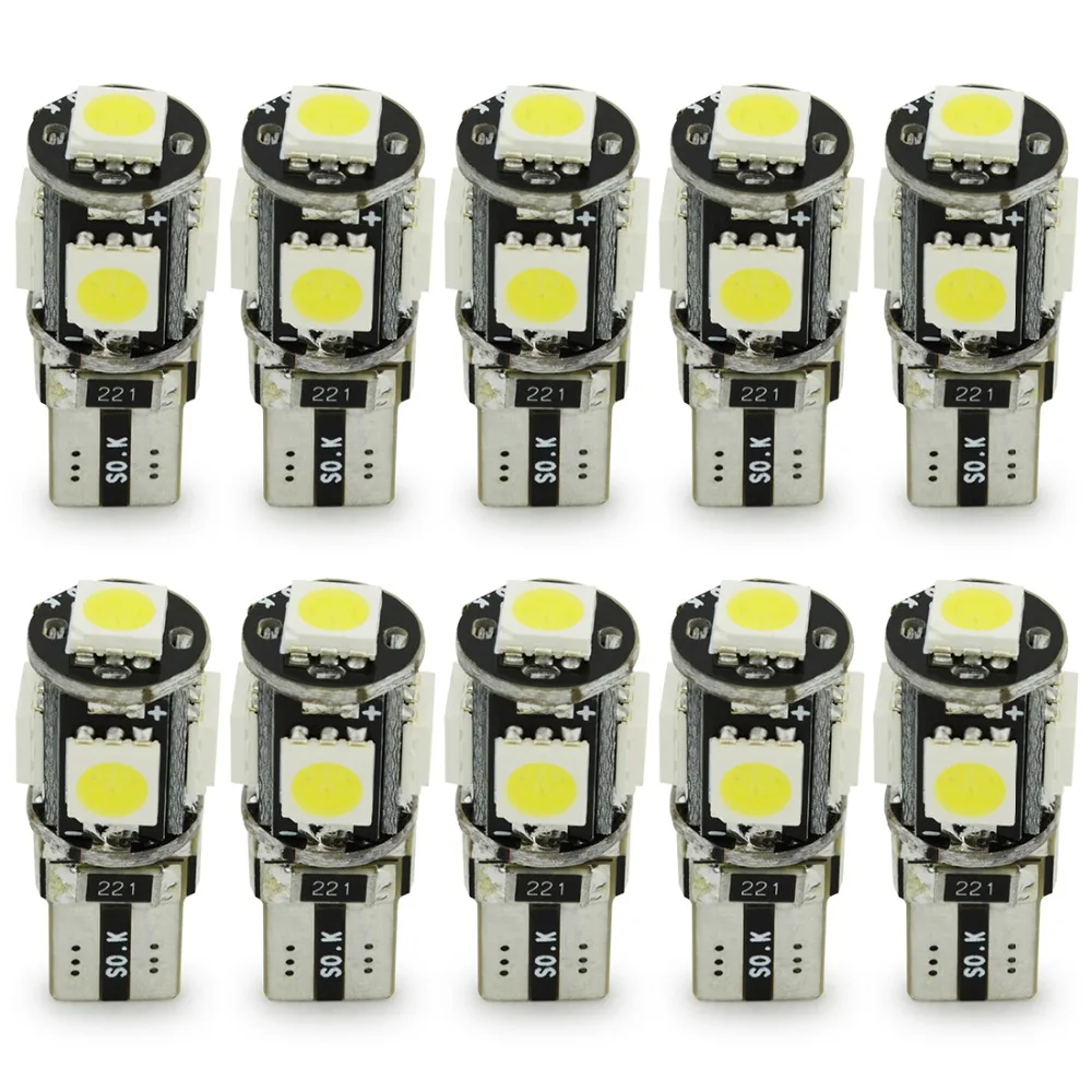 

Safego 10pcs LED Canbus T10 W5W 194 168 Car Light Bulb 5 SMD 5050 Chips Wedge Bulbs Car Interior Reading Signal Lamp white