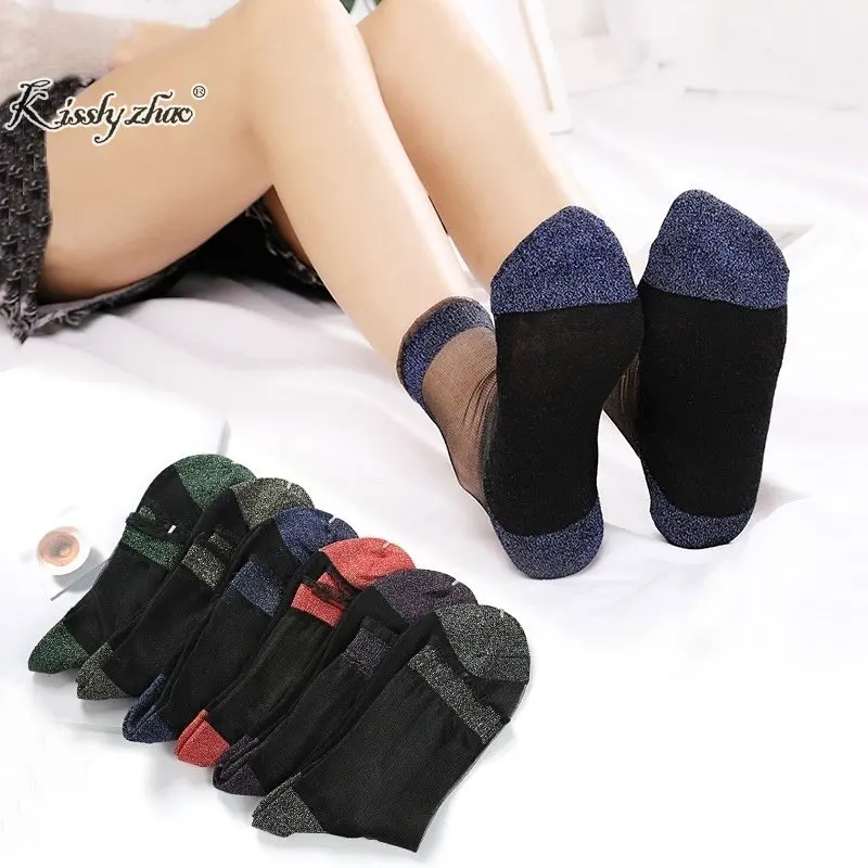

High Quality Women Crystal Short Socks Lady Summer Thin Shiny Silver Cotton Bottom Crystal Socks Green Gold Velvet Socks Female