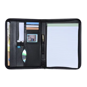 Portable Business Portfolio Padfolio Folder Document Case Organizer A5 PU Leather Zippered Closure Calculator Card Holder Memo