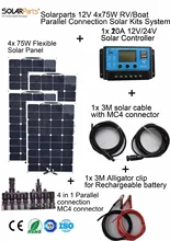 Solarparts 4x75W DIY RV/Boat Kits Solar System 4 x75W flexible solar panel 1x 20A solar controller 1 set 3M MC4 cable 1 set clip