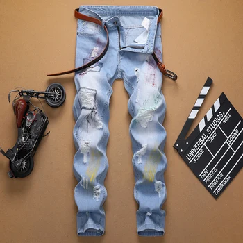 

2019 Men jeans denim distressed hole gothic blue ripped trousers fashion casual homme trousers plus size 29-38 straight jeans
