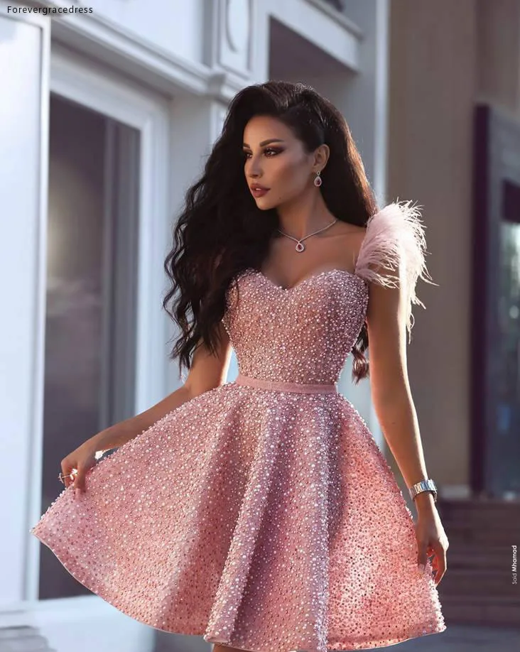 2019 Sexy Pink Cocktail Dress Arabic Dubai Style Knee Length Short Formal Club Wear Homecoming Prom